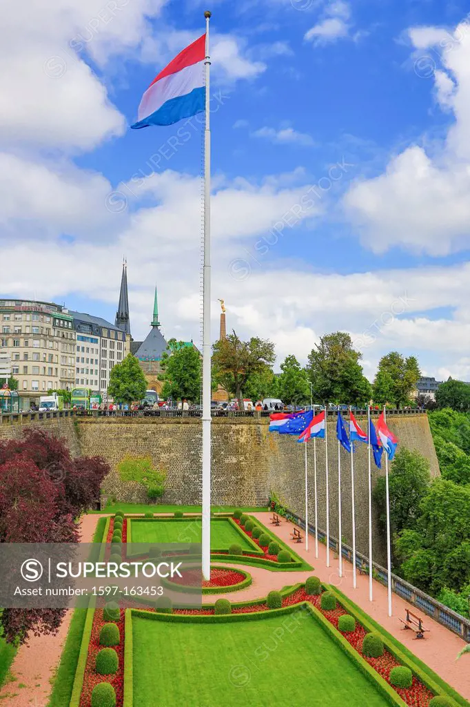 Luxemburg, Europe, travel, City, world heritage, Constitution Square, Petrusse, Valley, architecture, bridge, center, downtown, flag, skyline, Unesco