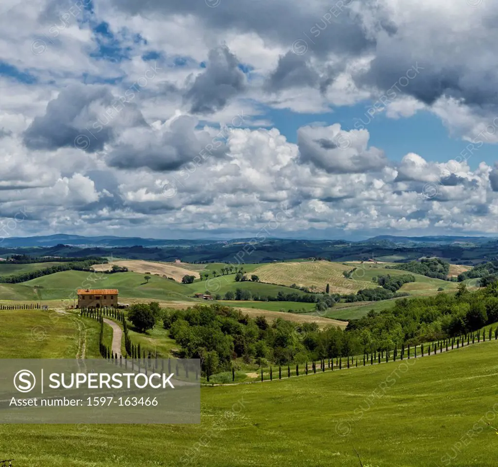 Murlo, Italy, Europe, Tuscany, Toscana, fields, scenery, green, clouds, hills