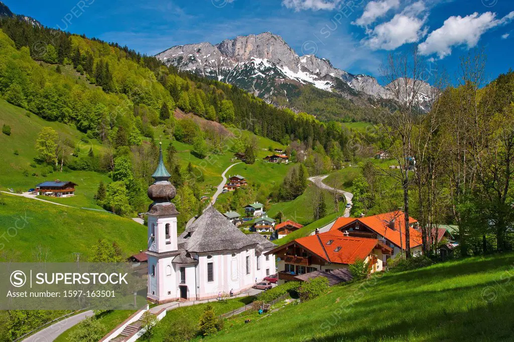 Bavaria, Europe, Upper Bavaria, Berchtesgaden area, Berchtesgaden, Maria Gern, Untersberg, sky, blue sky, Alps, mountains, church, faith, religion, st...