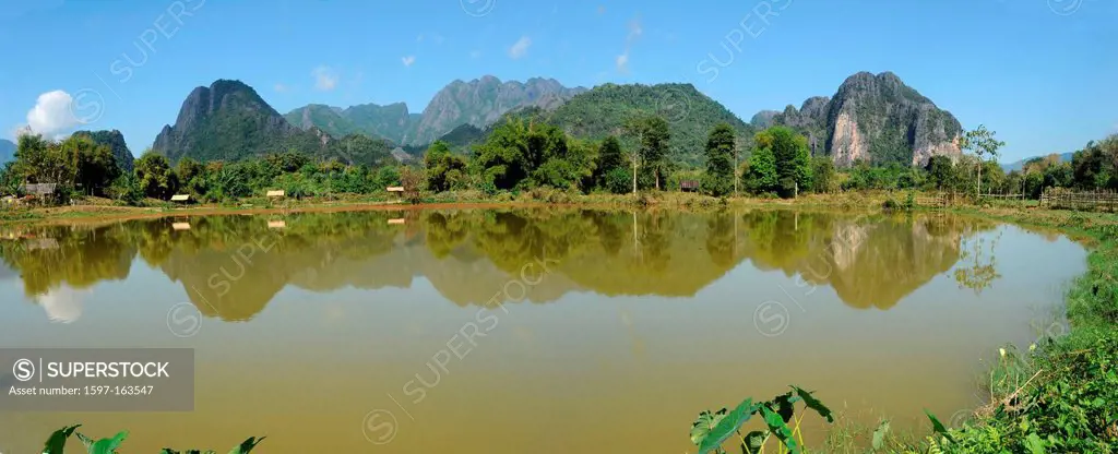 Laos, Asia, Vang Vieng, Pa Pong, lake, scenery, landscape, mountains, nature
