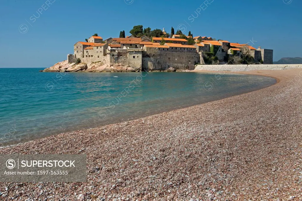 Sveti Stefan, Montenegro, Europe, elite, tourism, tourist, resort, city, town, monastery, horizontal, sea, water, spit, peninsula, ocean, Adriatic, Ad...