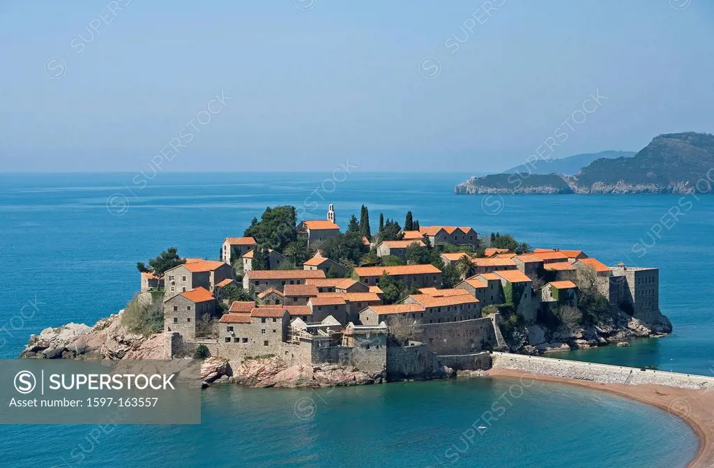 Sveti Stefan, Montenegro, Europe, elite, tourism, tourist, resort, city, town, monastery, horizontal, sea, water, spit, peninsula, ocean, Adriatic, Ad...