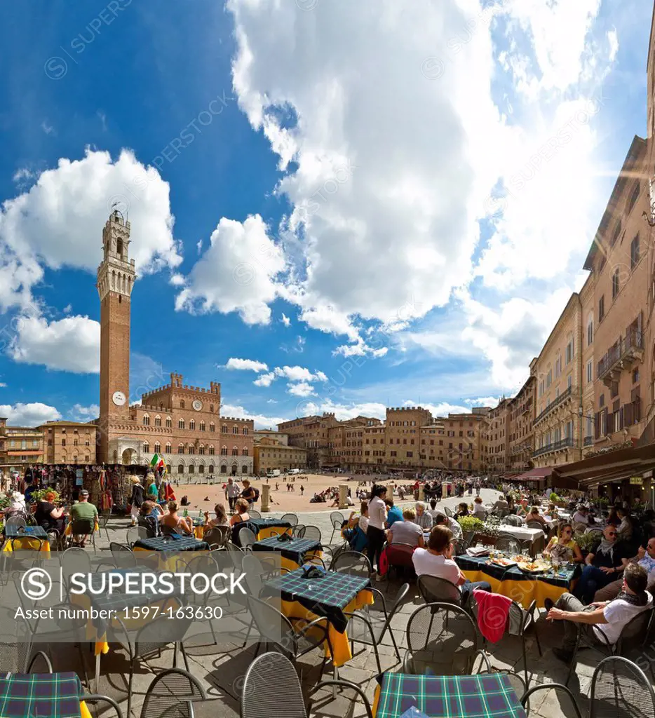 Siena, Sienna, Italy, Europe, Tuscany, Toscana, place, tower, rook, Piazza del Campo, Torre del Mangia, tourism, street cafe, Piazza del Campo,