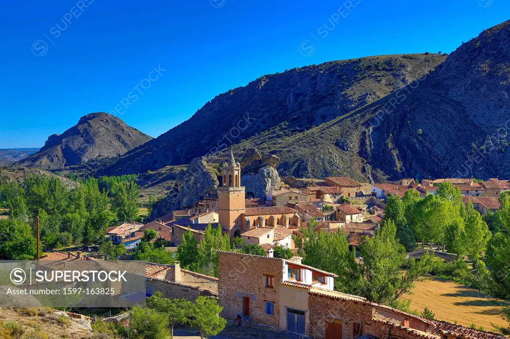 Spain, Europe, Aragon, Teruel, Province, Maestrazgo, Miravete de la Sierra Village., Teruel, architecture, belfry, church, medieval, natural, nature, ...