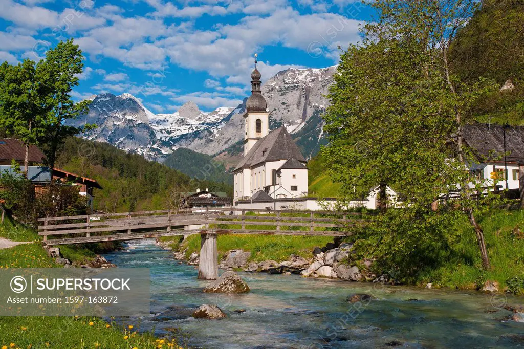 Bavaria, Europe, Upper Bavaria, Berchtesgaden area, Berchtesgaden, sky, blue sky, Alps, mountains, national park, peak, Alps, Ramsau, Ramsauer church,...