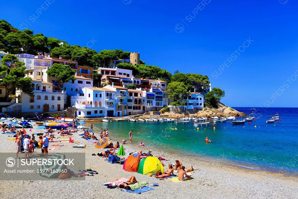 Spain, Europe, Catalonia, Girona Province, Costa Brava Coast, Begur, Sa Tuna Beach, architecture, beach, blue, boats, coast, Costa Brava, girona, holi...
