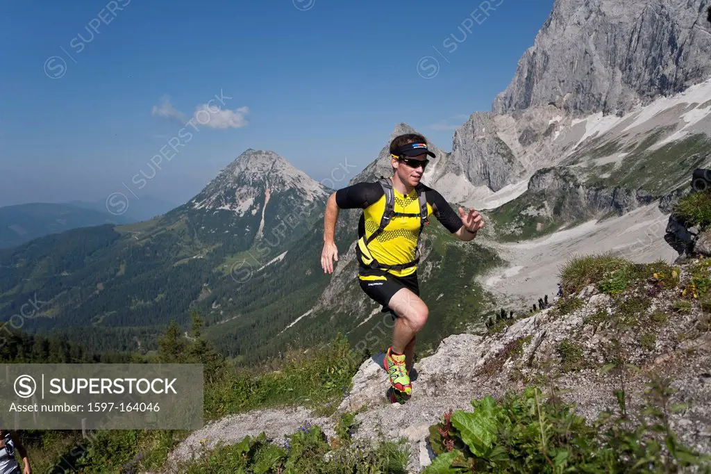 Trailrunning, Trail running, Trail, Ramsau, Dachstein, Styria, Austria, man, meadow, running, walking, run, mountains, mountain run, jogging, sport, f...