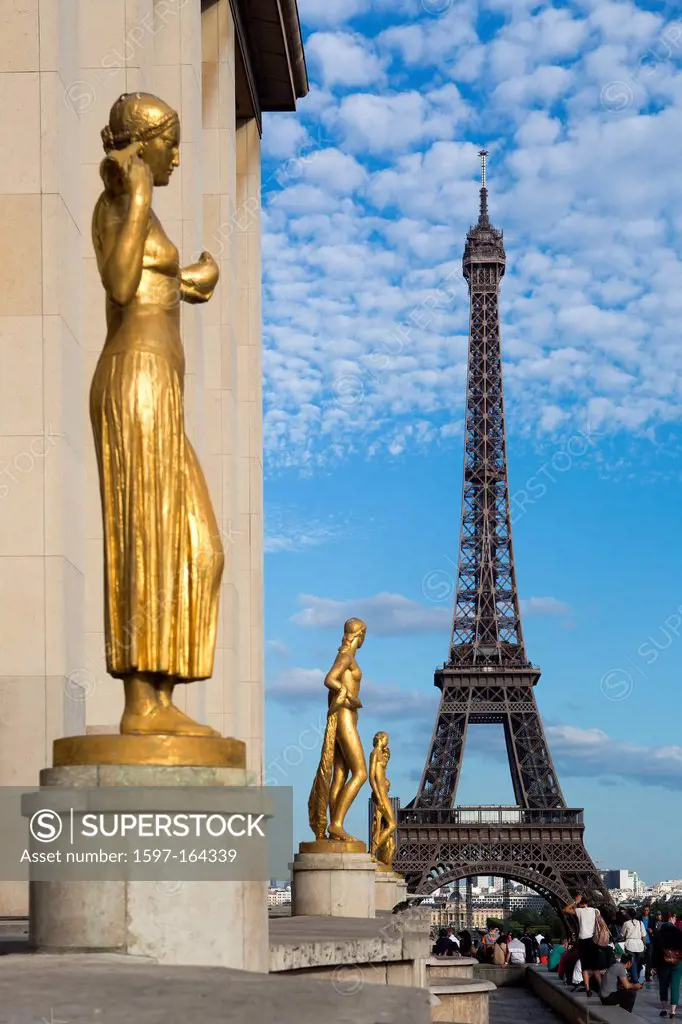 France, Europe, travel, Paris, City, Eiffel Tower, Trocadero, architecture, art, building, Eiffel, monumental, skyline, statues, tower