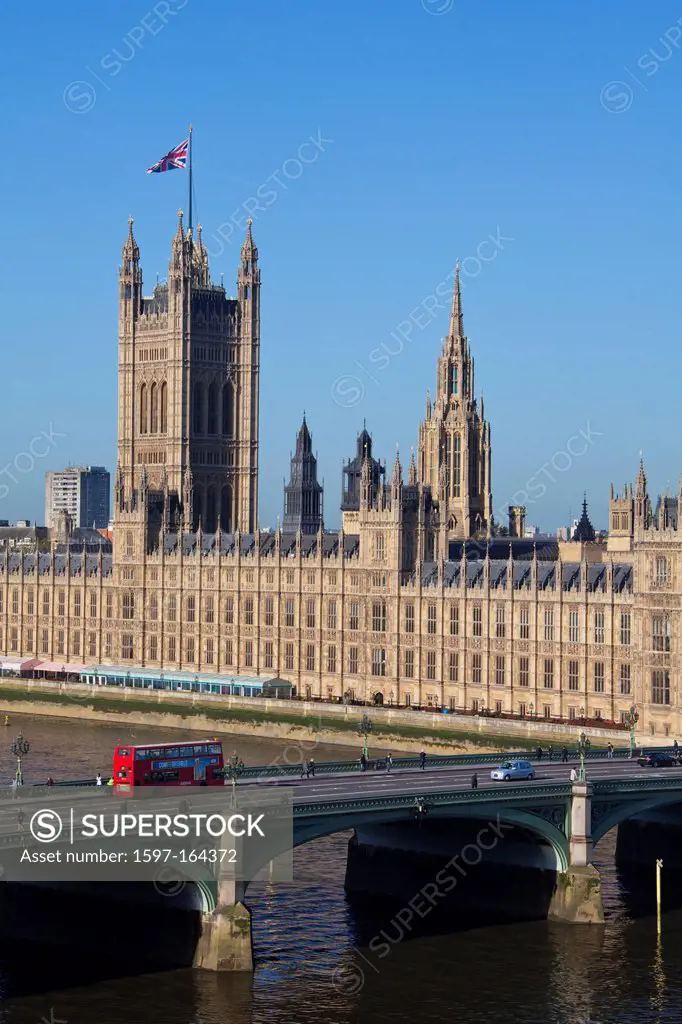 UK, Great Britain, Europe, travel, holiday, England, London, City, Palace of Westminster, Houses of Parliament, Big Ben, river, Thames, bridge, skylin...