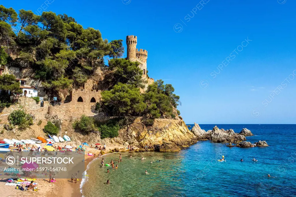 Spain, Europe, Catalonia, Costa Brava Coast, Lloret de Mar, town, Beach, beach, blue, castle, cliff, coast, colourful, Costa, Costa Brava, holiday, le...