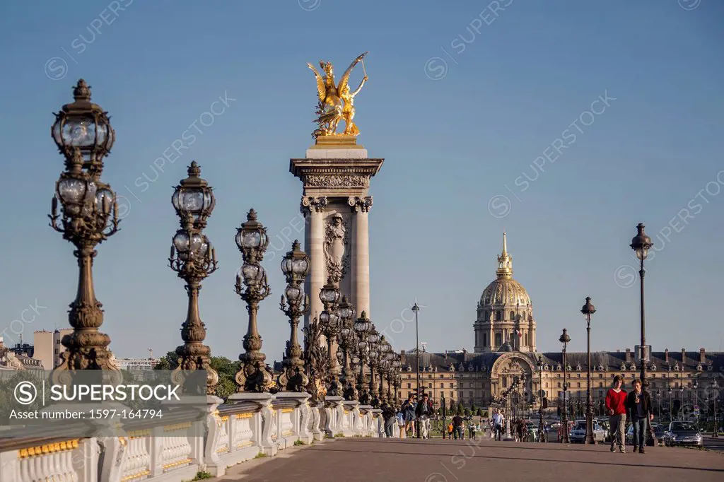 France, Europe, travel, Paris, City, Alexander III Bridge, detail, architecture, art, artistic, bridge, lamp, light, monument, monumental, skyline, st...