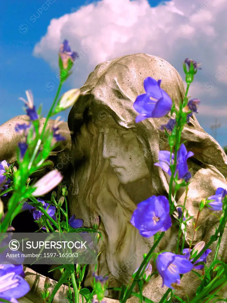 Germany, Europe, Nuremberg, sculpture, woman, head, stone, flowers, plants, grief, Saint Johannis, cemetery, sky, blue, clouds
