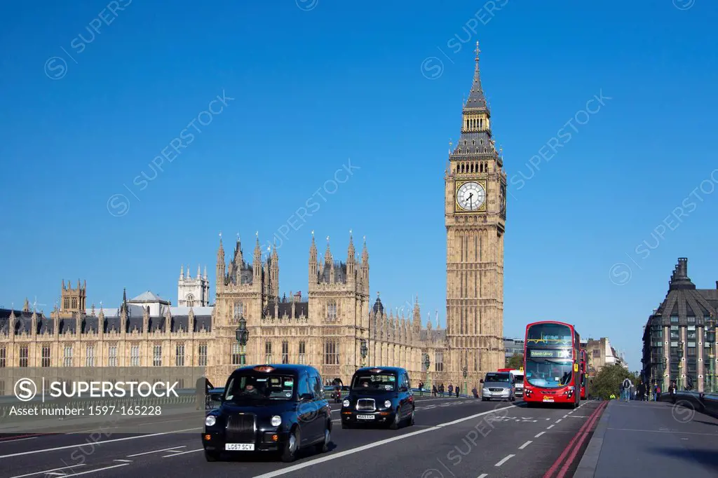 UK, Great Britain, Europe, travel, holiday, England, London, City, Palace of Westminster, Big Ben, clock, landmark, bus, red, taxi
