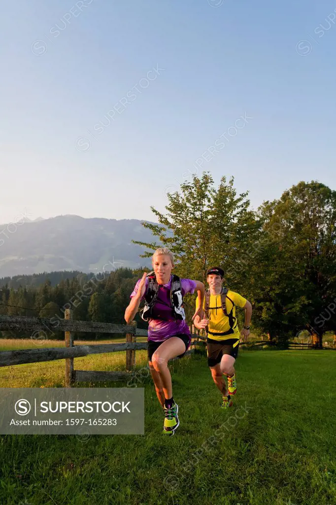 Trailrunning, Trail running, Trail, Ramsau, Dachstein, Styria, Austria, couple, woman, man, meadow, running, walking, run, jogging, sport, fitness, he...