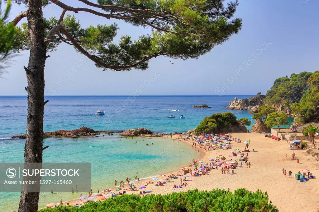 Spain, Europe, Catalonia, Costa Brava Coast, Lloret de Mar, town, Santa Cristina Beach, Lloret, Loret de Mar, beach, blue, bright, coast, colourful, C...