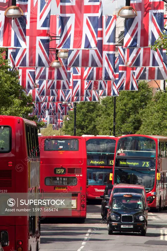 UK, Great Britain, Europe, travel, holiday, England, London, City, Oxford Street, buses, flags, red, traffic