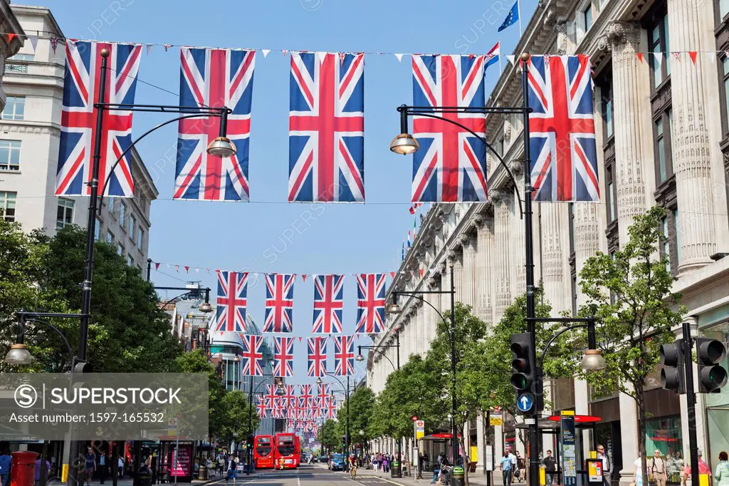 UK, United Kingdom, Great Britain, Britain, England, Europe, London, Oxford Street, Union Jack, Bunting, Flags, Selfridges