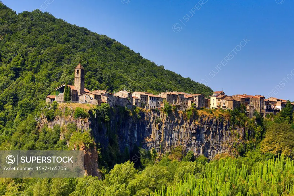 Spain, Europe, Catalonia, Girona Province, Castellfullit de la Roca City, Basaltic Cliff, architecture, basalt, castellfullit, church, cliff, formatio...