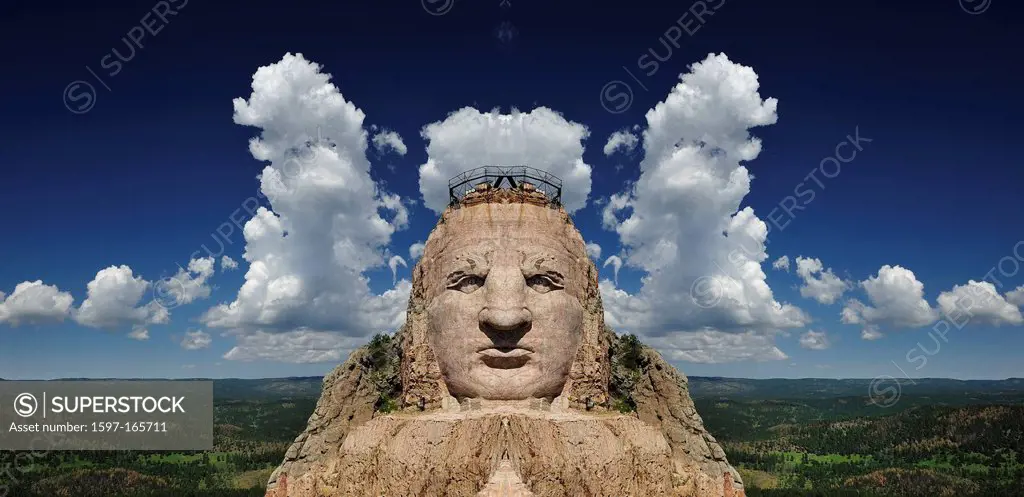 Giant, sculpture, rock carving, face, Crazy Horse, Lakota, Sioux, Mountain, Black Hills, South Dakota, USA, United States, America, North America,