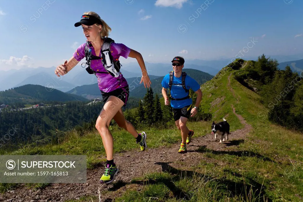 Trailrunning, Trail running, Trail, Ramsau, Dachstein, Styria, Austria, couple, woman, man, meadow, running, walking, run, mountains, mountain run, do...