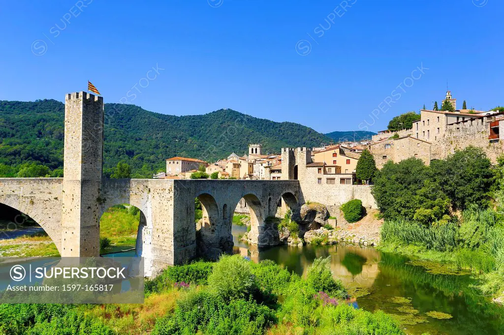 Spain, Europe, Catalonia, Girona Province, Medieval, Besalu, town, Bridge, arch, architecture, besalu, bridge, girona, medieval, skyline, tourism,