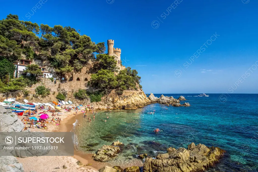 Spain, Europe, Catalonia, Costa Brava Coast, Lloret de Mar, town, Beach, beach, blue, castle, cliff, coast, colourful, Costa, Costa Brava, holiday, le...