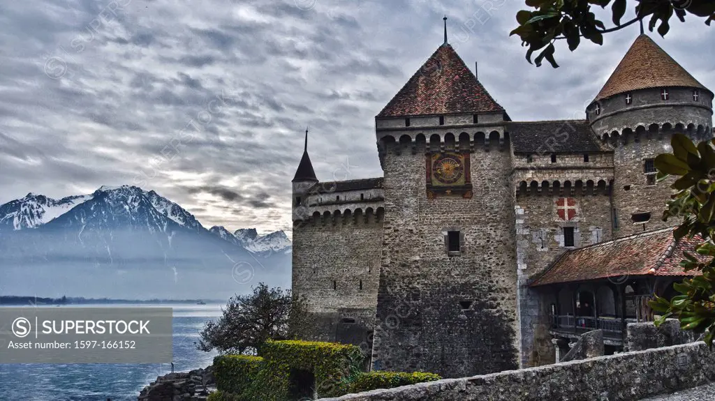 Castle, Chillon, lake Geneva, Leman, lake, canton Vaud, Middle Ages, castle, Switzerland, lake, clouds