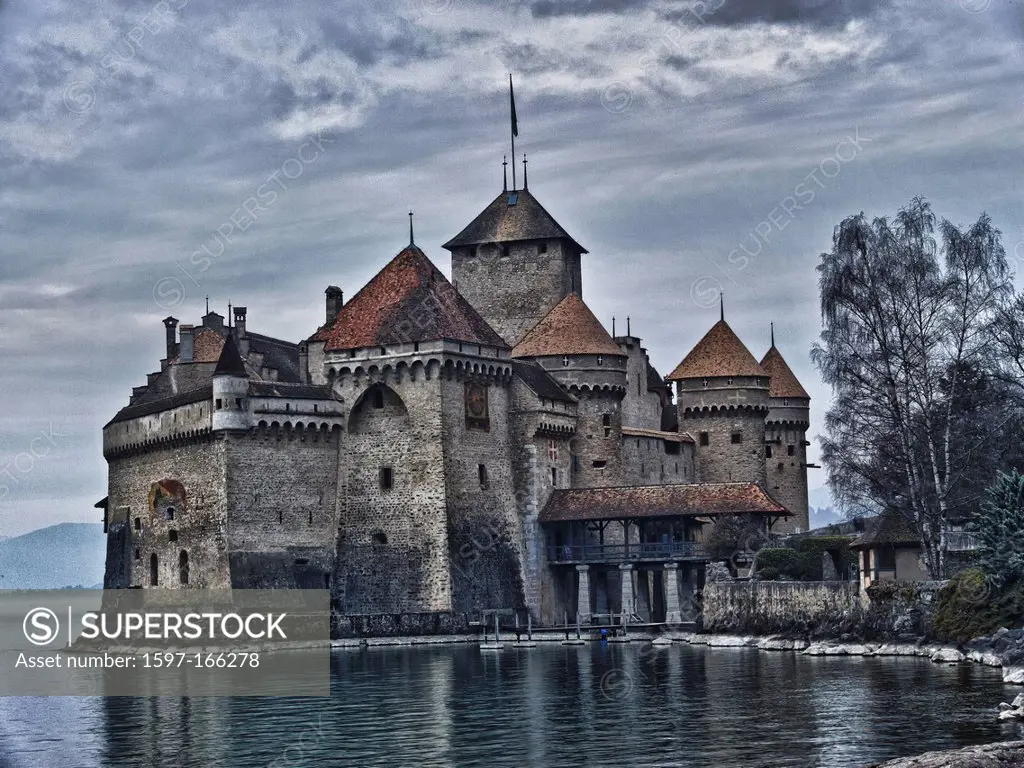 Castle, Chillon, lake Geneva, Leman, lake, canton Vaud, Middle Ages, castle, Switzerland, lake, clouds