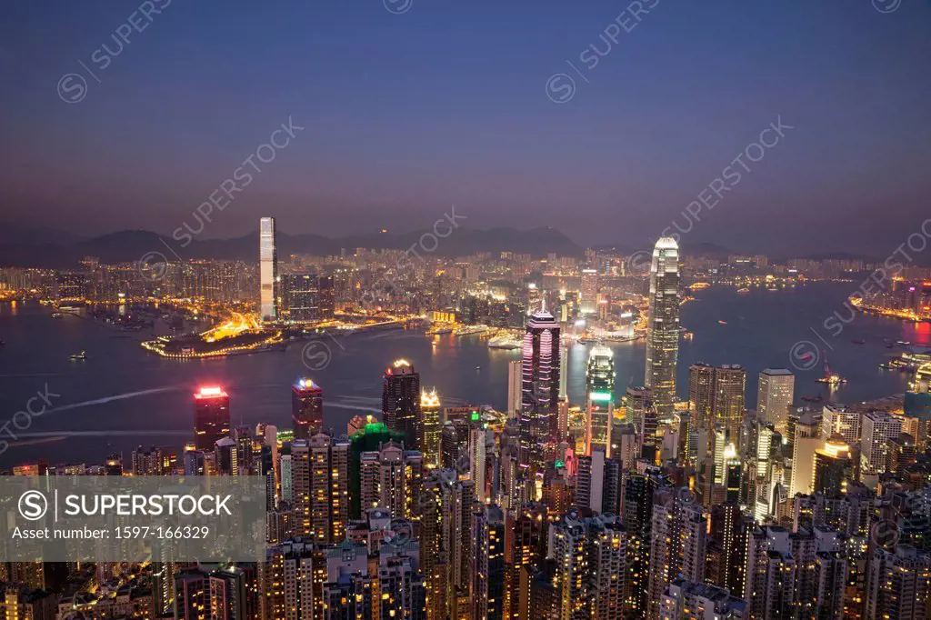 Asia, China, Hong Kong, Victoria Peak, View, Peak, Victoria Harbour, Harbour, Skyscrapers, Modern, Buildings, City, Skyline, Aerial, Aerial View, Nigh...