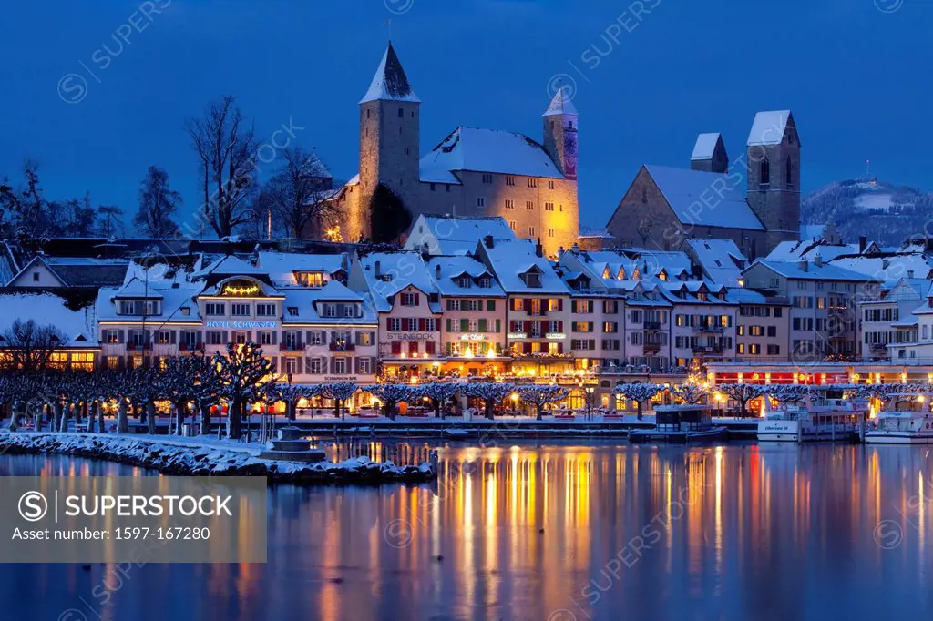 Night, dark, lake, Christmas, Advent, canton St. Gallen, St. Gall, Rapperswil, rose town, lighting, illumination, lights, Switzerland, Europe, town, c...