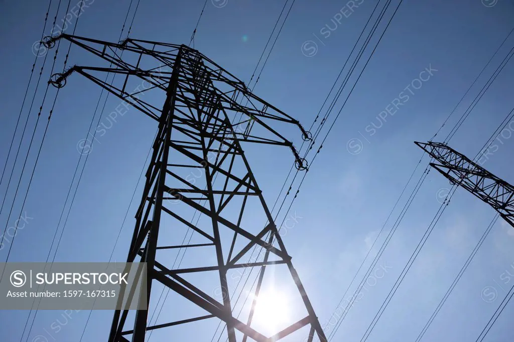 Electricity, energy, power, power pole, mast, pole, sun, power supply line, power line, Switzerland,