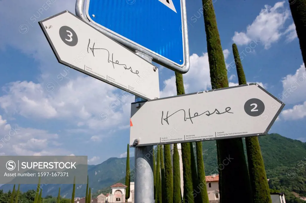 Canton, Ticino, Switzerland, Europe, Tessin, southern Switzerland, Sant´Abbondio, cypresses, Montagnola, signpost, route sign, Hermann Hesse, way