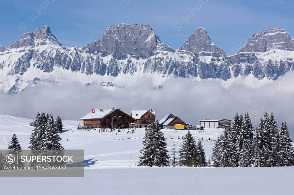 Mountain, mountains, winter, snow, winter sports, canton, St. Gallen, St. Gall, Switzerland, Europe, Flums mountains, Churfirsten, skiing area, ski li...