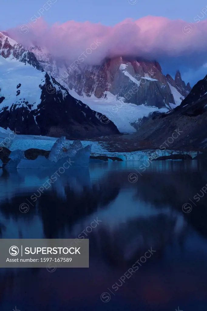 South America, Patagonia, Argentina, mountain, Cerro Torre, Cerro Egger, summit, peak, peaks, lake, Lago Torre, sunrise, mood, reflection, clouds