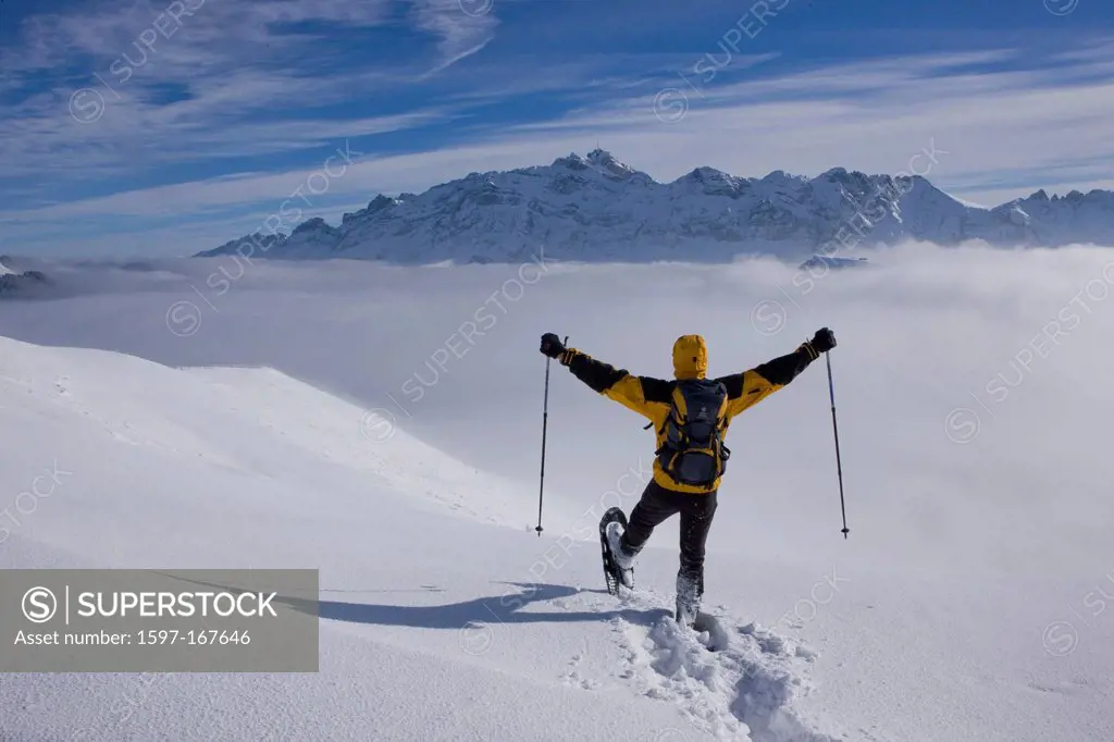 Mountain, mountains, fog, sea of fog, winter, snow, winter sports, canton Appenzell, Switzerland, Europe, Ausserrhoden, snowshoe, snowshoes, snowshoe ...