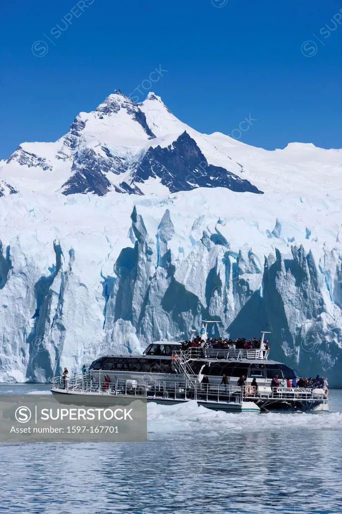 South America, Patagonia, Argentina, glacier, ice, moraine, Perito Moreno, lake, mountains, Andes, ship, tourism