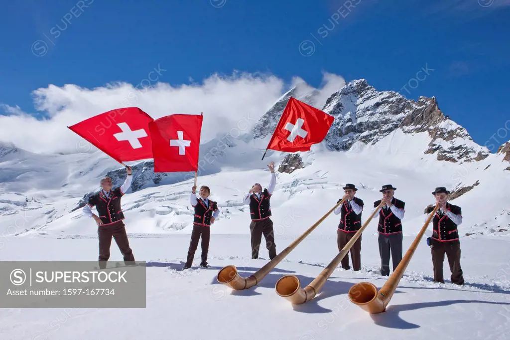 Mountain, mountains, glaciers, ice, moraine, canton Bern, Valais, Wallis, Switzerland, Europe, Alphorn, Alphorn blower, flag throwing, flag swing, tra...