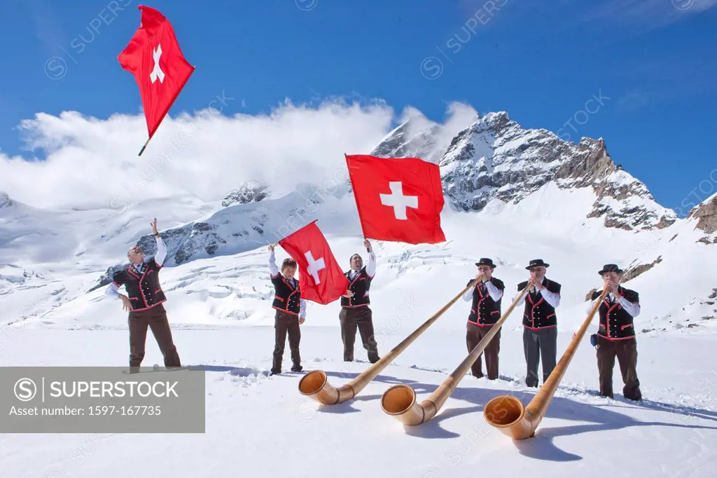 Mountain, mountains, glaciers, ice, moraine, canton Bern, Valais, Wallis, Switzerland, Europe, Alphorn, Alphorn blower, flag throwing, flag swing, tra...