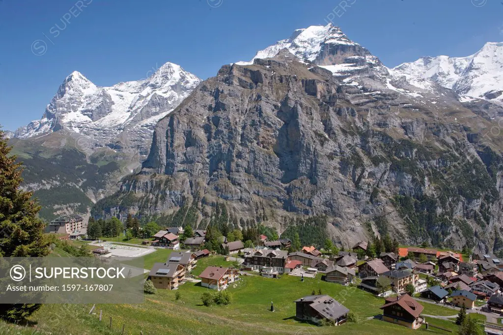 Mountain, mountains, village, canton Bern, Bernese Alps, Switzerland, Europe, Bernese Oberland, Jungfrau, Alps, monk, Mönch, Eiger, Mürren,