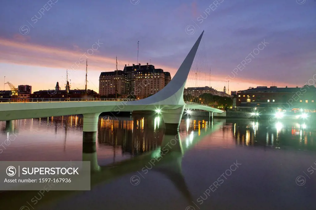 South America, Buenos Aires, Puerto Madero, Puente de la Mujer, Calatrava, bridge, water building, construction, architecture, town, city,