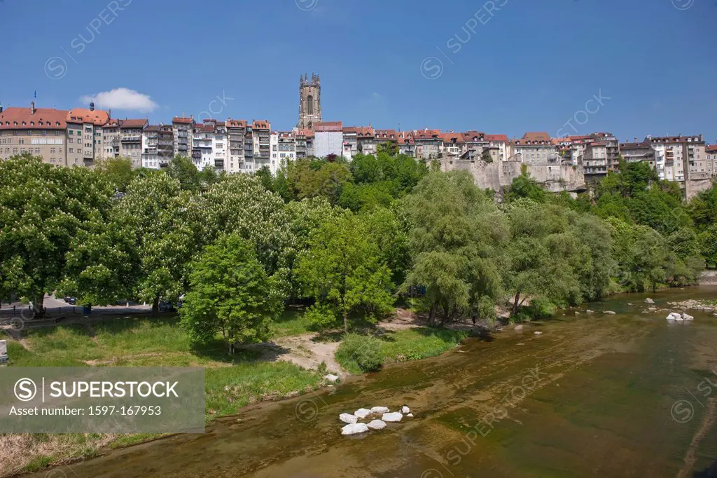 Canton, Freiburg, Switzerland, Europe, Fribourg, river, flow, brook, water, town, city, Sarine, Saane