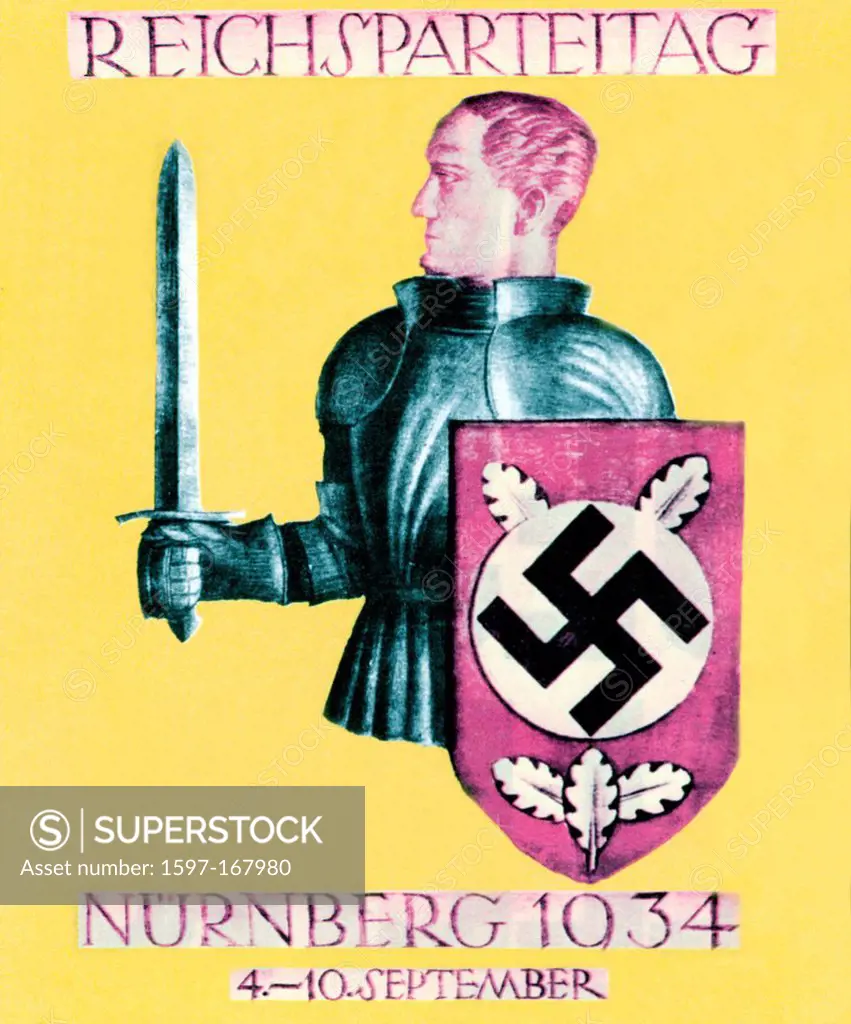 Nuremberg, Rally, Nazi, Party, NSDAP, card, knight, sword, shield, swastika, Postcard, Third Reich, Germany, 1934, SS