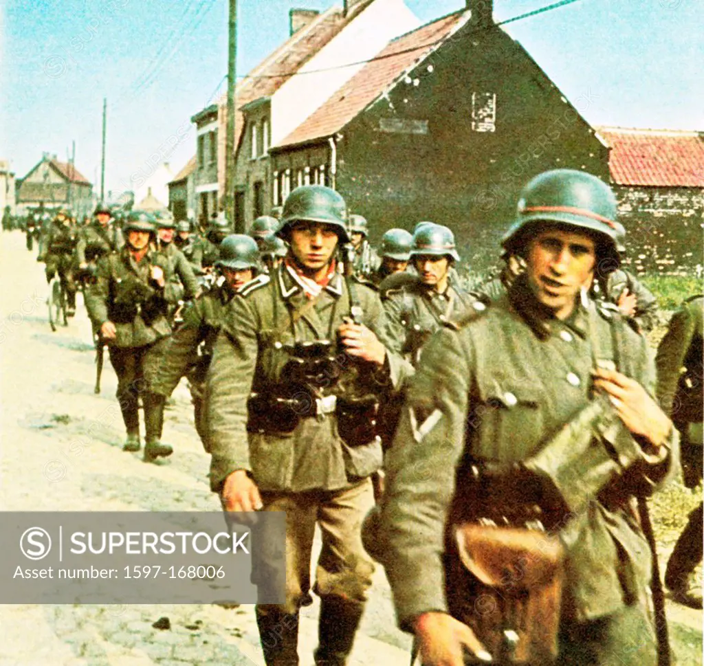 Invasion, D_Day, Belgium, German, Wehrmacht, troops, passing, soldiers, World War II, Belgium, May 1940