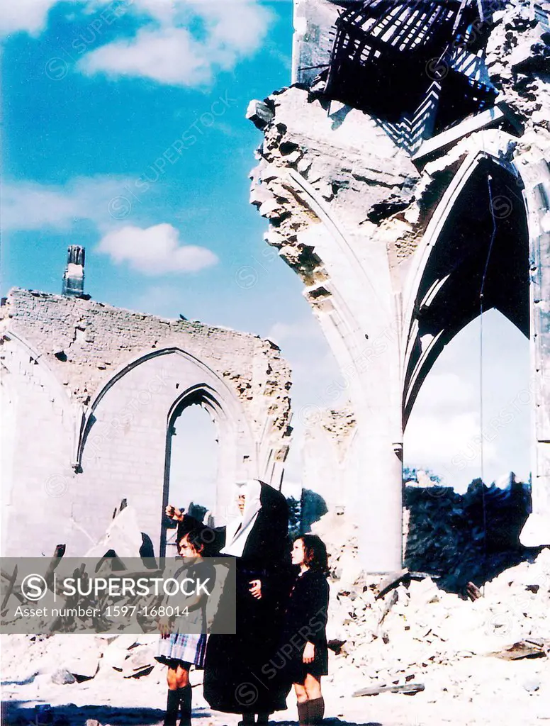 Operation, Overlord, Normandy, Two, American, nun, children, ruins, World War II, Department Manche, France, 1944, town, destroyed, church, Saint Lo