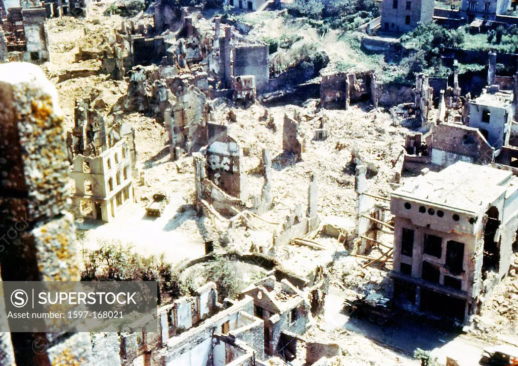 Operation, Overlord, Normandy, buildings, ruins, World War II, Department Manche, France, 1944, town, destroyed, church, Saint Lo, trucks, American,