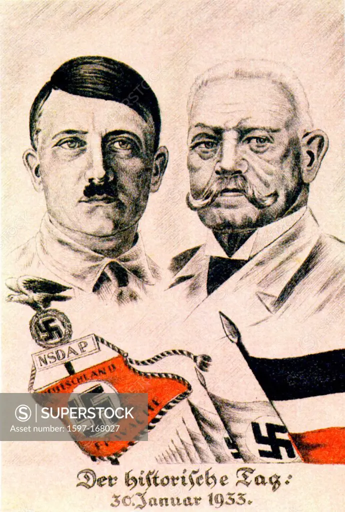1933, Adolf Hitler, Hitler, President, Paul, Hindenburg, Hindenburg, Chancellor, Germany, Nazi, Party, NSDAP, Postcard, Third Reich, SS