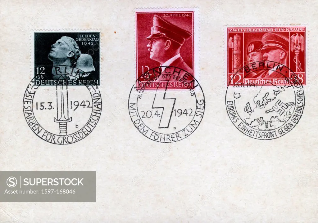 Nazi, Stamps, Hitler, Fuehrer, Mussolini, propaganda, Third Reich, World War II, Postage stamps, Germany, 1942
