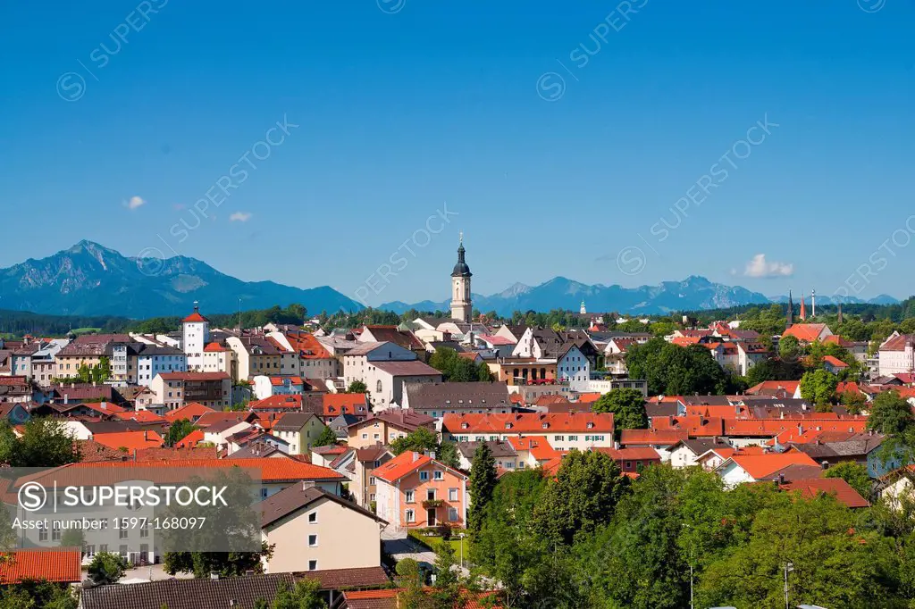 Bavaria, Germany, Europe, Upper Bavaria, Chiemgau, Traunstein, town, city, cloud, clouds, church, faith, religion, steeple, building, town, city,