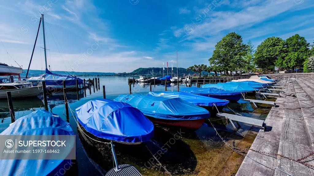 Lake of Biel, blue, boats, landing stage, harbour, port, canton, Bern, La Neuveville, Neuenstadt, Switzerland, Europe, lake, Seeland, town, city, foot...