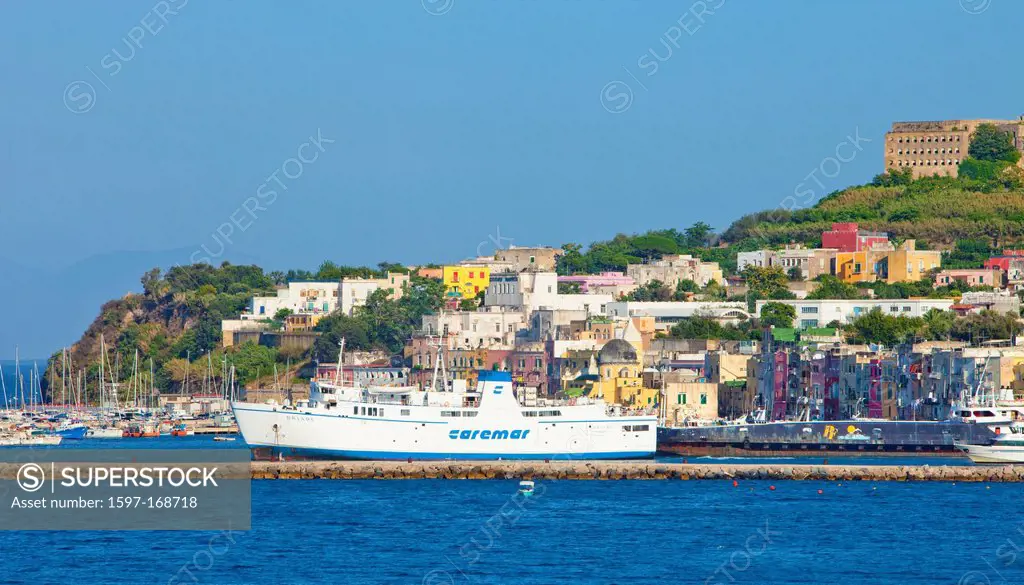 Marina Grande, Procida, Bay of Naples, Campania, Italy, boat, colourful, Europe, ferry, harbour, historic, house, island, Italian, Mediterranean, old,...